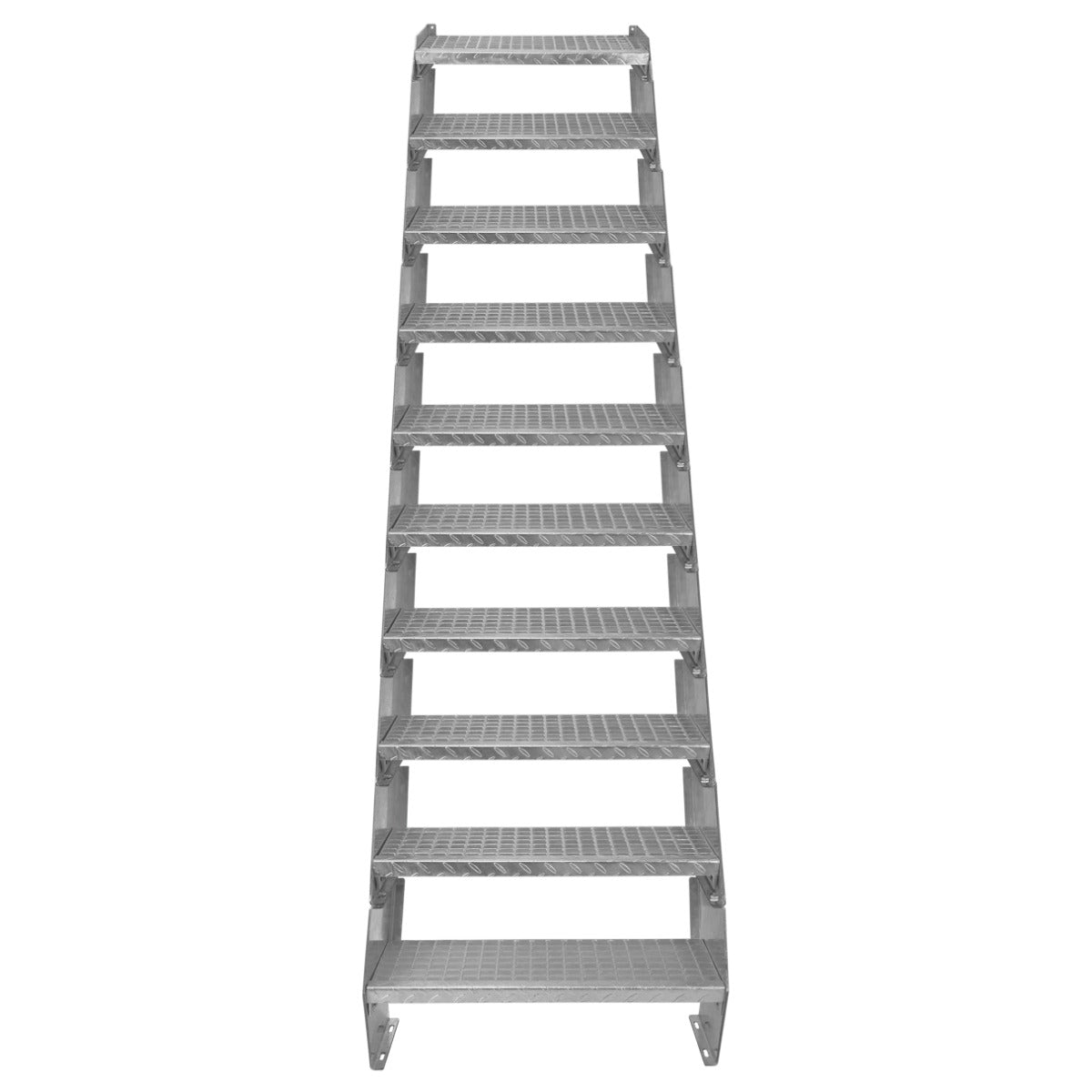 Galvanised staircase with 10 adjustable sections, 600mm wide, featuring a sturdy, textured surface for enhanced grip and safety