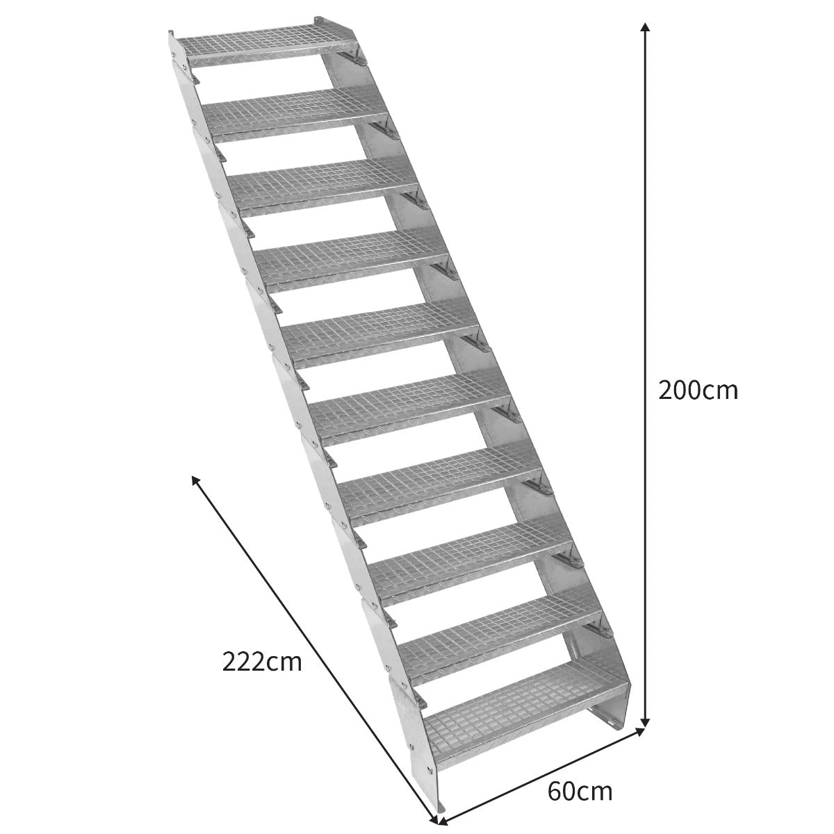 Galvanised adjustable staircase with 10 sections, 600mm wide, featuring a textured surface for grip and stability, measuring 200cm tall