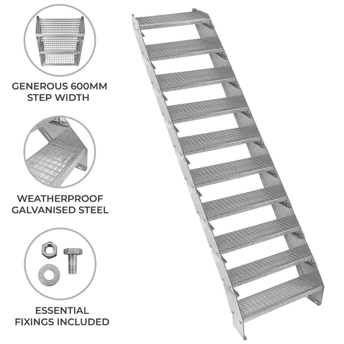 Adjustable 10-section galvanized staircase with a 600mm wide step, featuring a textured surface for slip resistance and durability