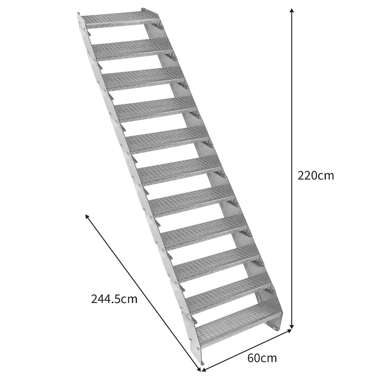Galvanised staircase with 11 adjustable sections, 600mm wide, featuring a textured surface for grip and a sturdy design in silver metal