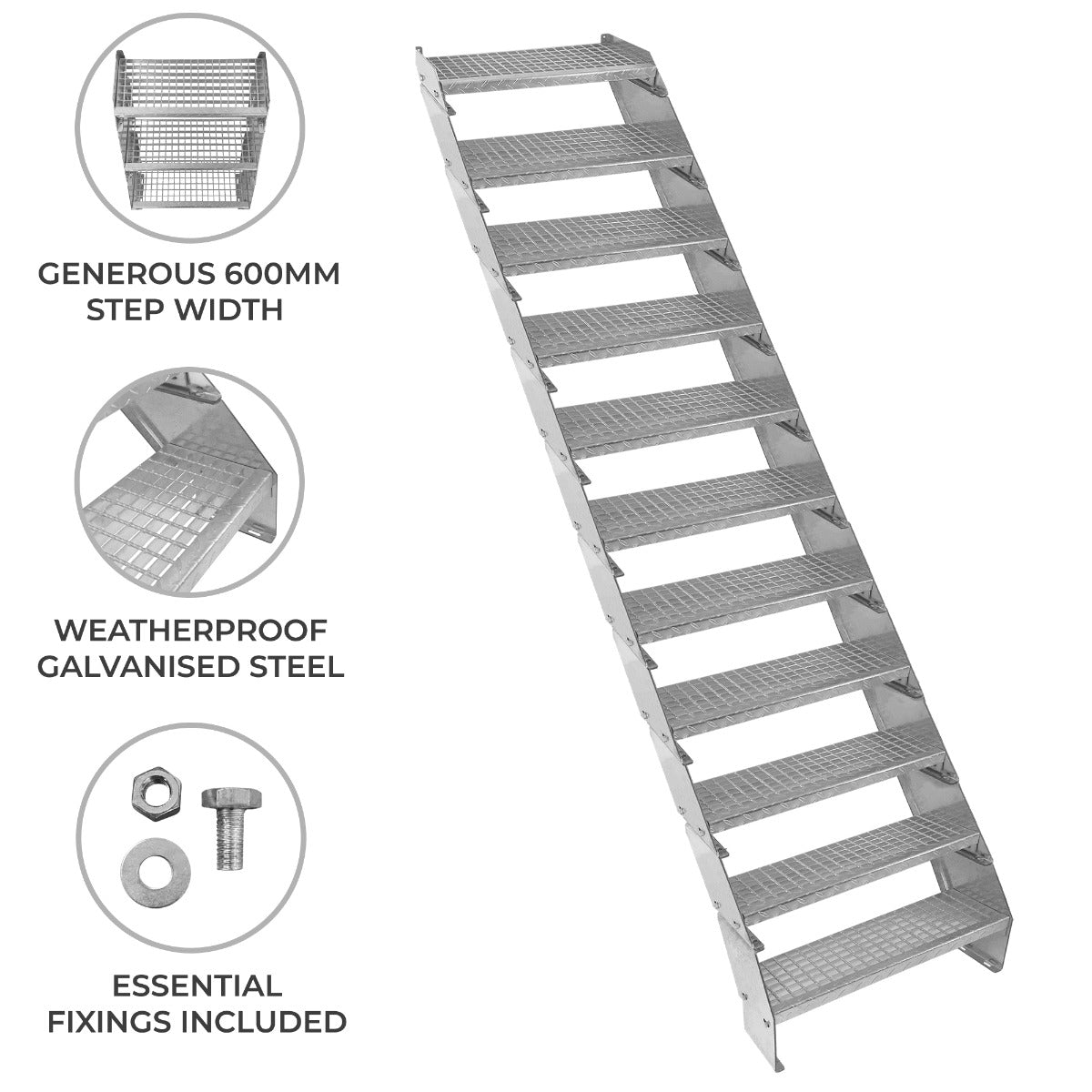 Adjustable 11-section staircase made of weatherproof galvanised steel, featuring a 600mm wide step with a textured surface for grip