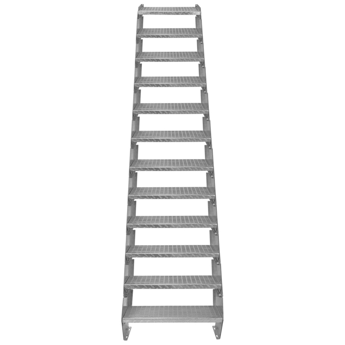 Adjustable galvanized staircase with 12 sections, 600mm wide, featuring a sturdy, textured surface for enhanced grip and safety