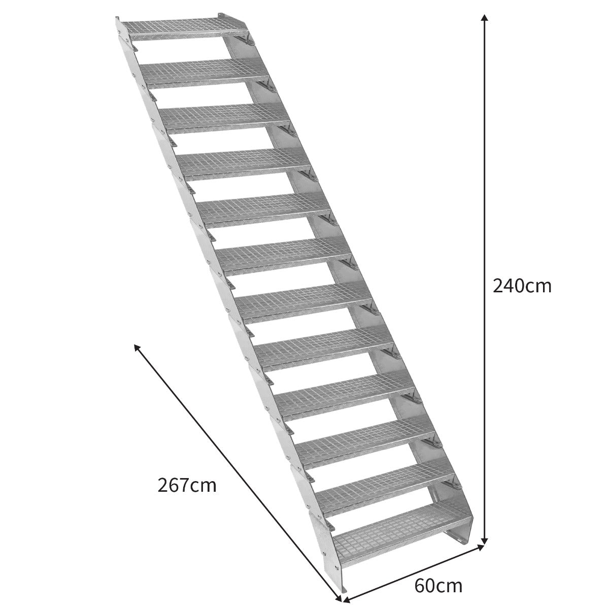 Galvanised adjustable staircase with 12 sections, 600mm wide, featuring a sturdy metal construction and textured steps for safety