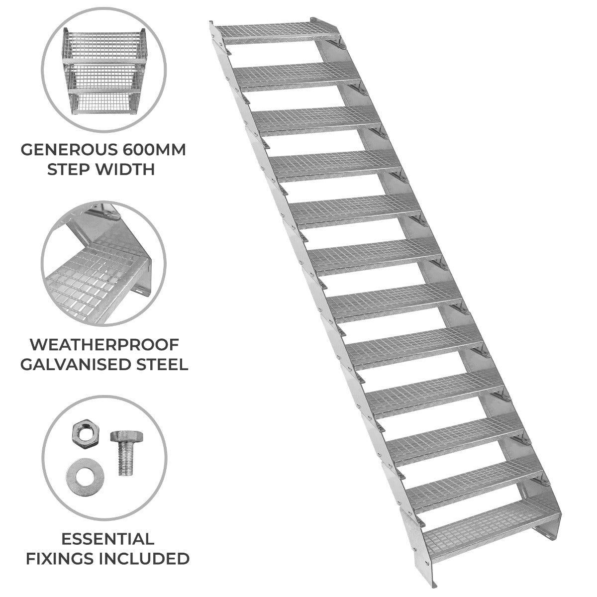 Adjustable galvanized staircase with 12 sections, 600mm wide, featuring weatherproof steel and textured steps for safety