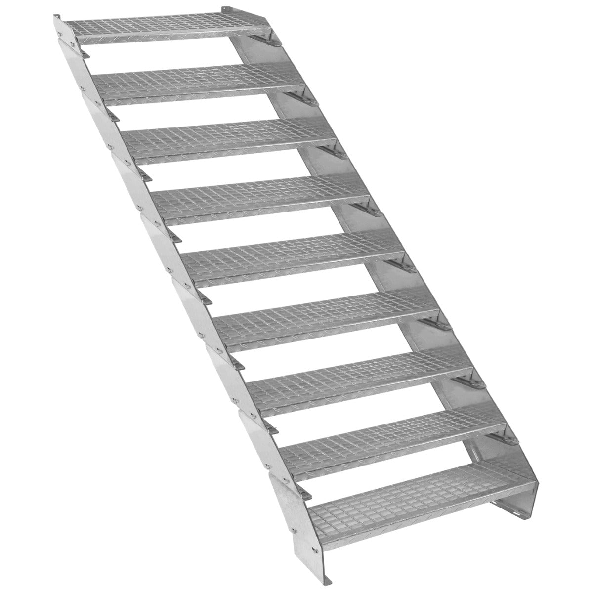 Galvanised metal staircase with nine adjustable sections, featuring a textured surface for grip and a 900mm width for stability
