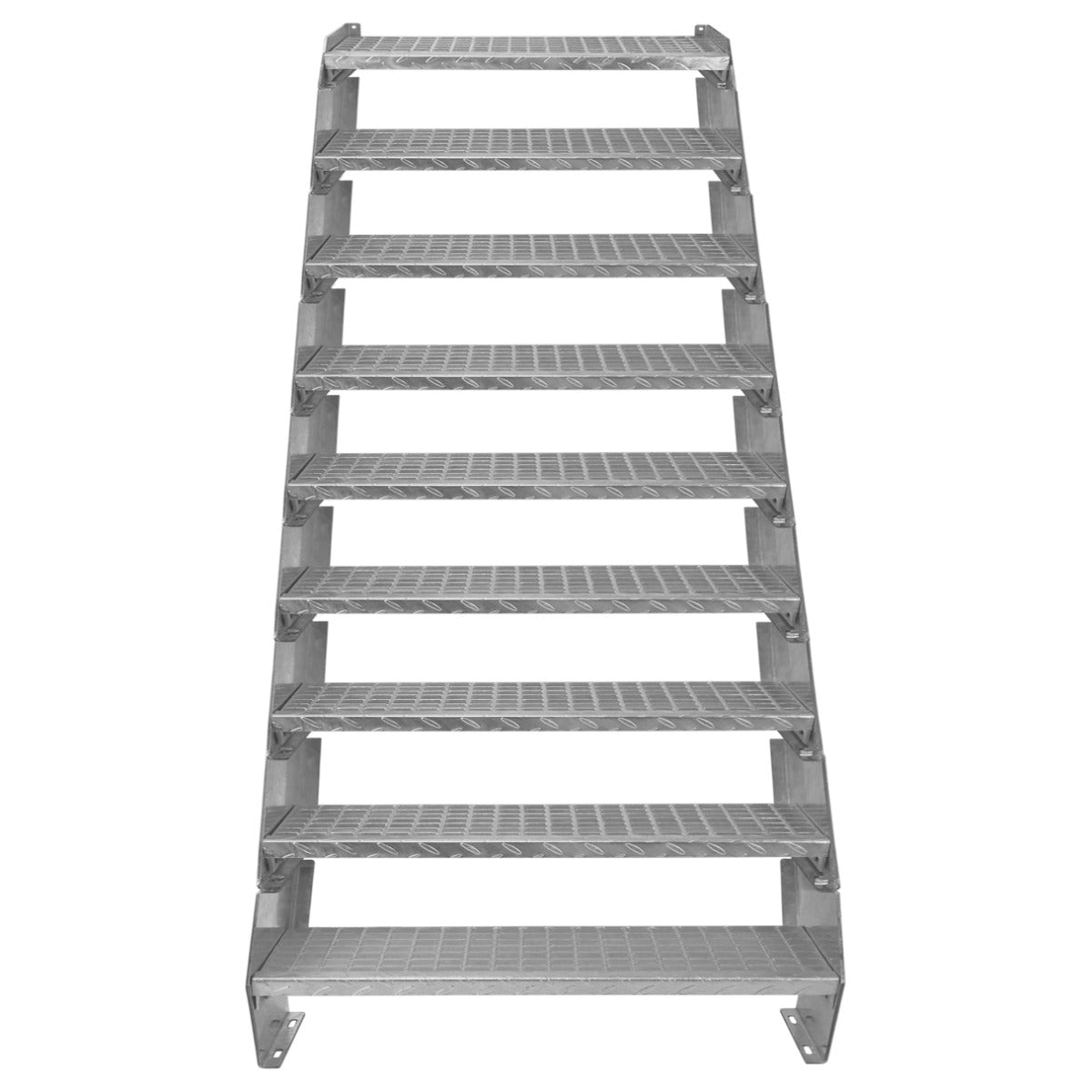 Galvanised staircase with nine adjustable sections, featuring a sturdy, textured surface and a width of 900mm for stability and safety