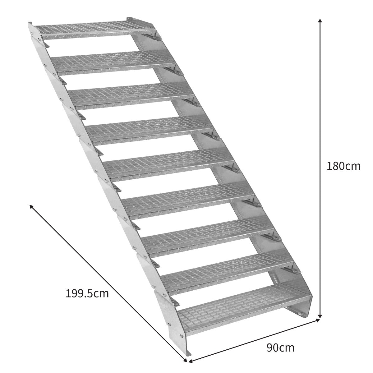 Galvanised adjustable staircase with nine textured steps, measuring 900mm wide and 199.5cm long, designed for durability and safety