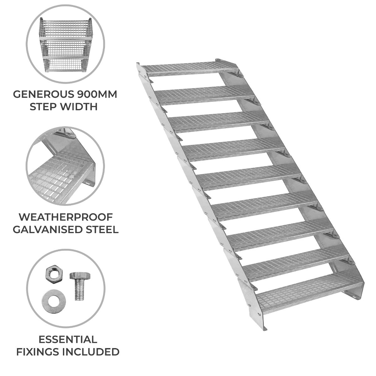 Adjustable 9-section galvanized staircase with a 900mm wide step, featuring a textured surface for enhanced grip and durability