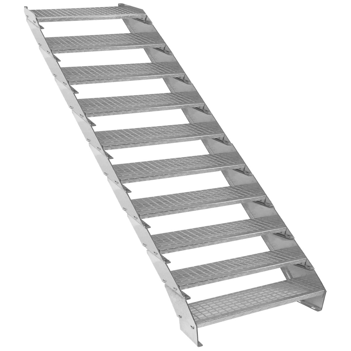 Galvanised metal staircase with 10 adjustable sections, featuring a sturdy, textured surface and a 900mm width for safety and stability