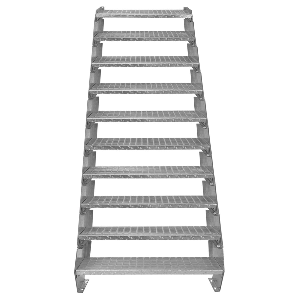 Galvanised metal staircase with 10 adjustable sections, featuring a 900mm width, textured surface for grip and stability