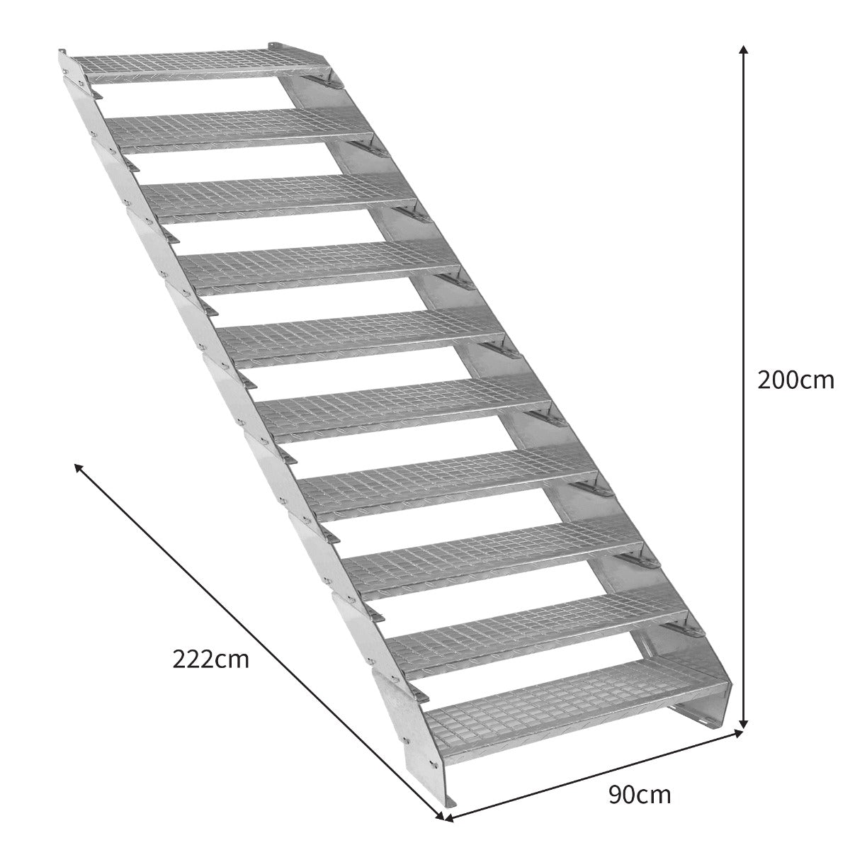 Galvanised adjustable staircase with 10 sections, 900mm wide, featuring a textured surface for grip and stability, angled design