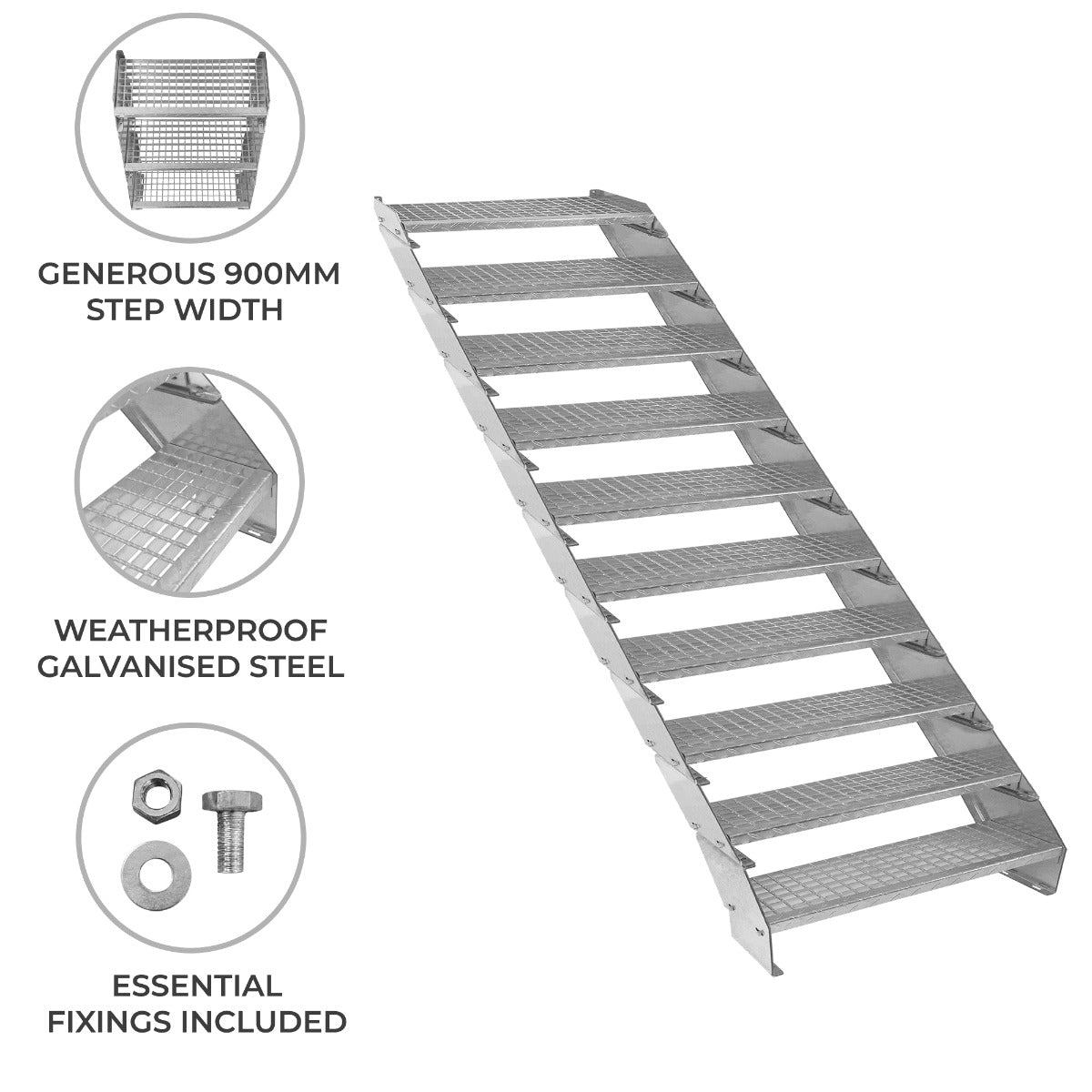 Adjustable 10-section staircase made of weatherproof galvanised steel, featuring a 900mm wide step design and essential fixings included