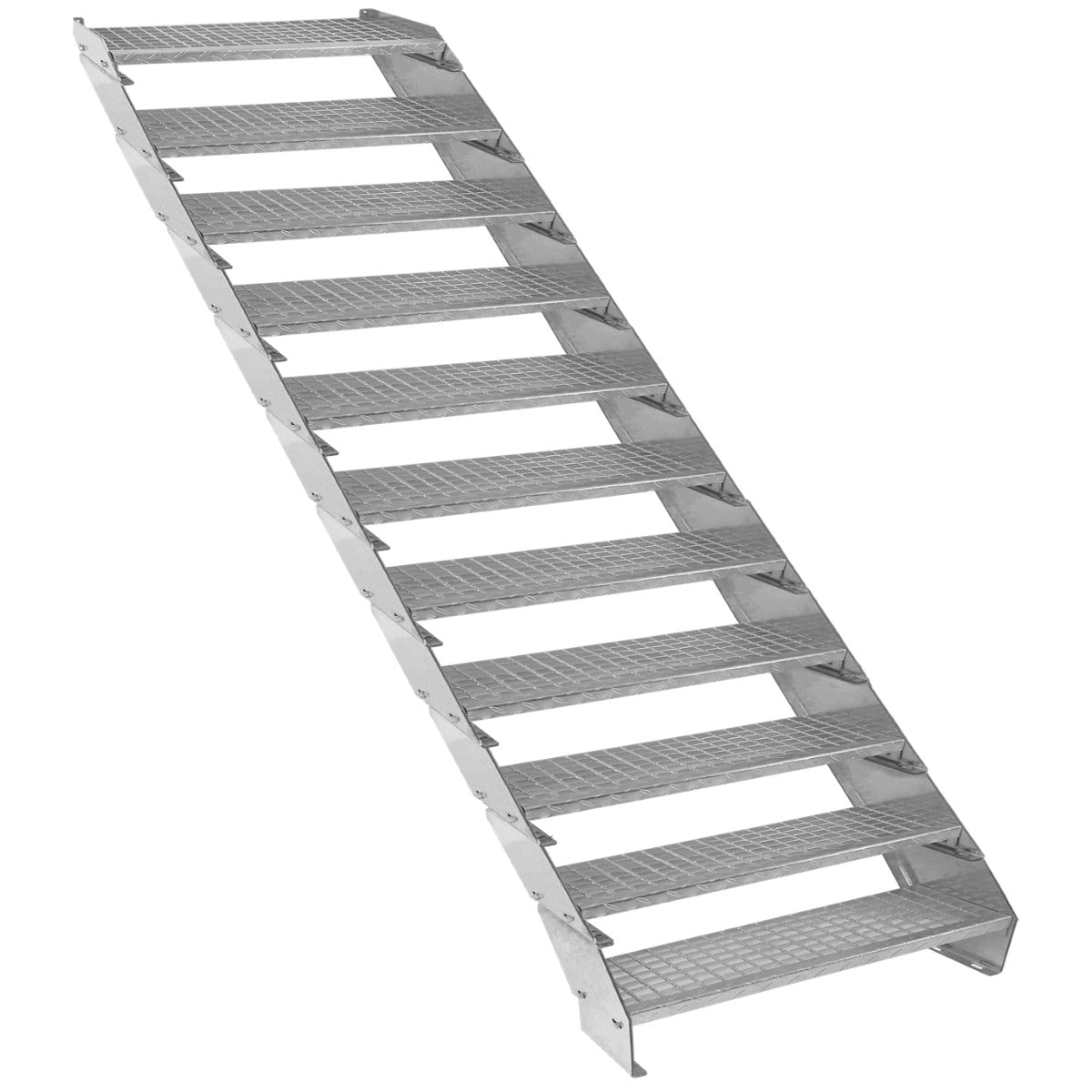 Adjustable galvanized staircase with 11 textured steps, 900mm wide, featuring a sturdy metal construction for durability and safety