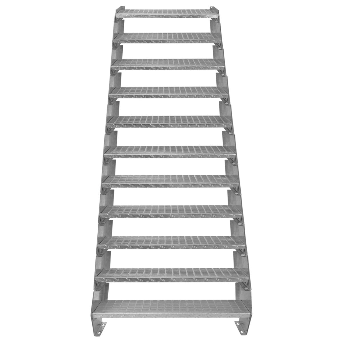 Adjustable 11-section galvanised staircase with a 900mm width, featuring a sturdy metal frame and textured non-slip steps