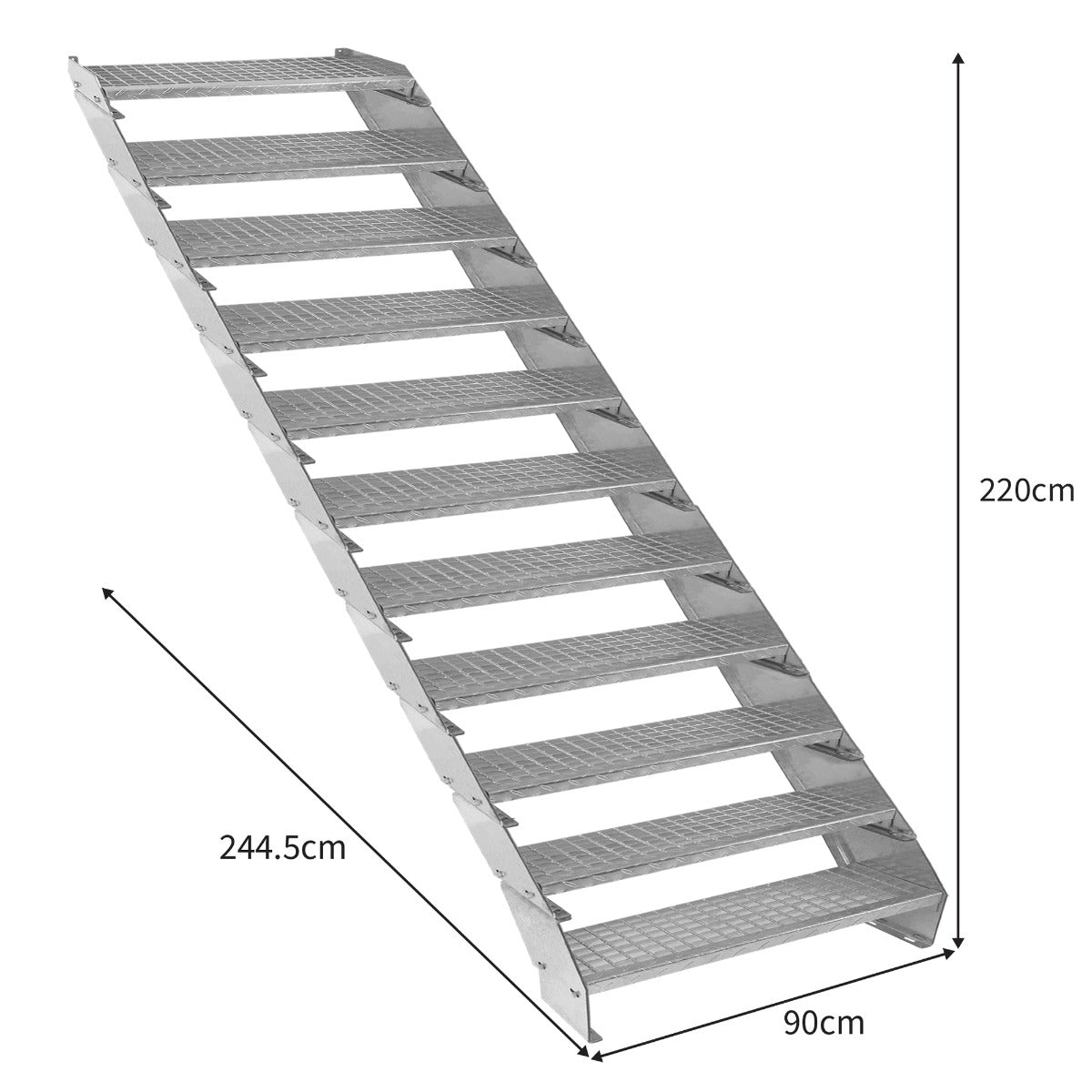 Galvanised adjustable staircase with 11 sections, 900mm wide, featuring textured metal steps and a sturdy incline design