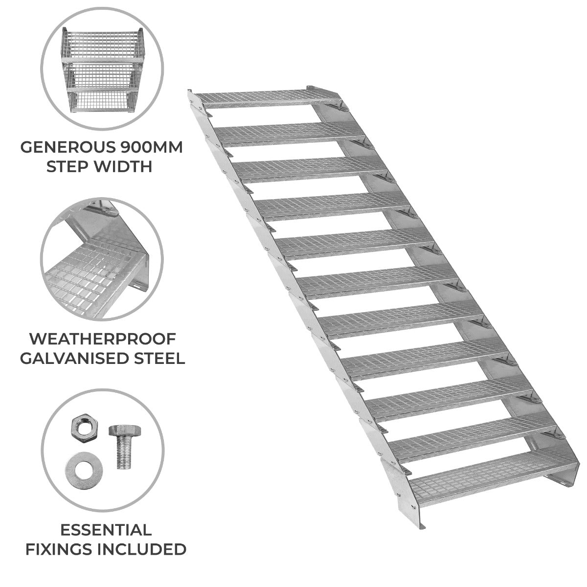 Adjustable 11-section galvanized staircase with a 900mm wide step, featuring a weatherproof finish and textured surface for grip