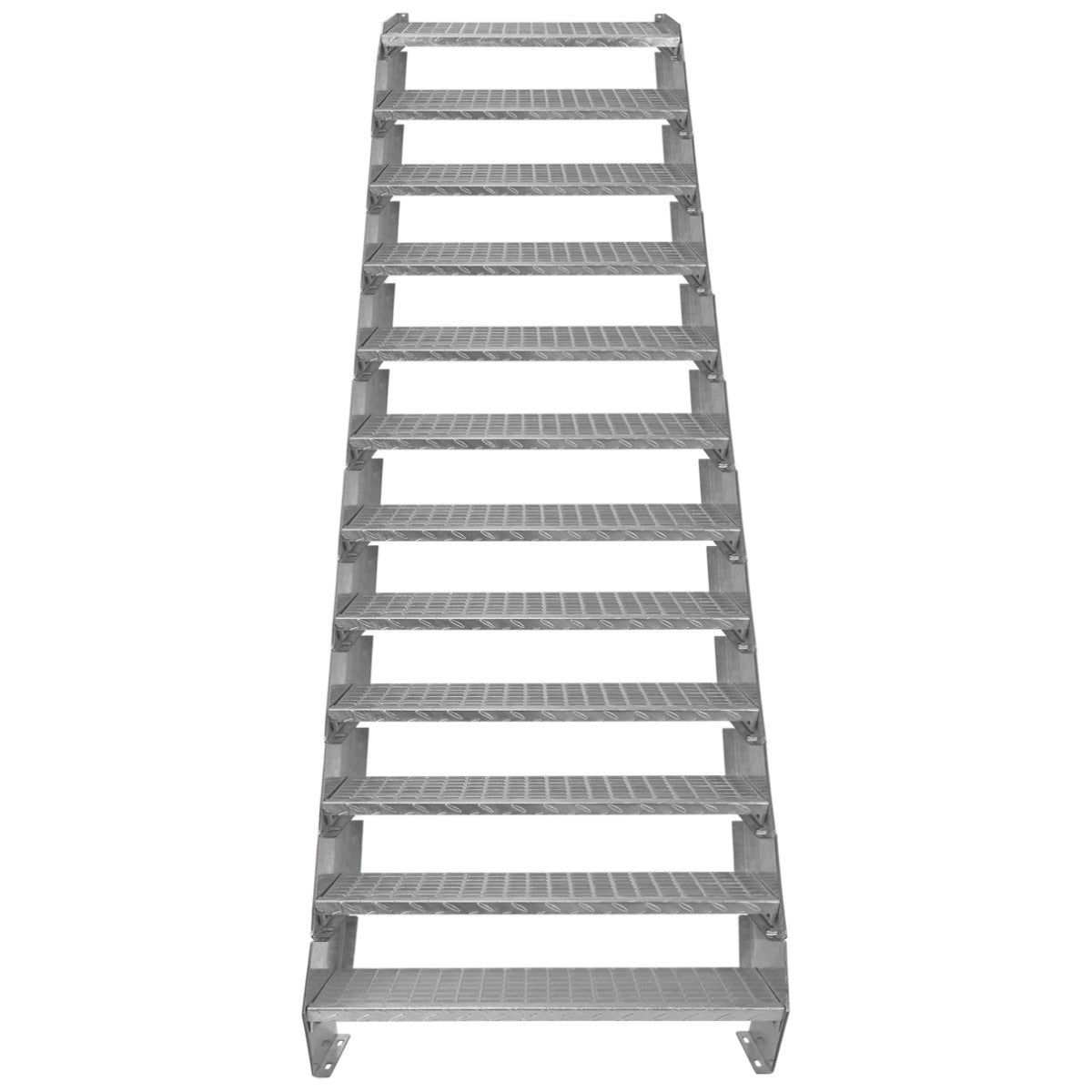 Adjustable 12-section galvanized staircase, 900mm wide, featuring a sturdy metal frame with textured steps for enhanced grip and safety