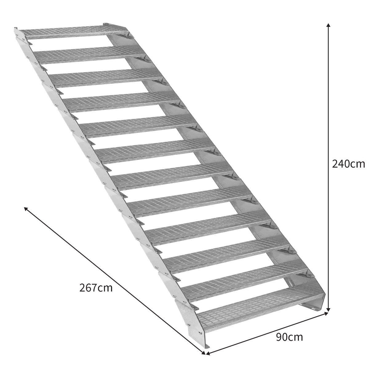 Galvanised adjustable staircase with 12 sections, 900mm wide, featuring a sturdy metal frame and textured steps for grip