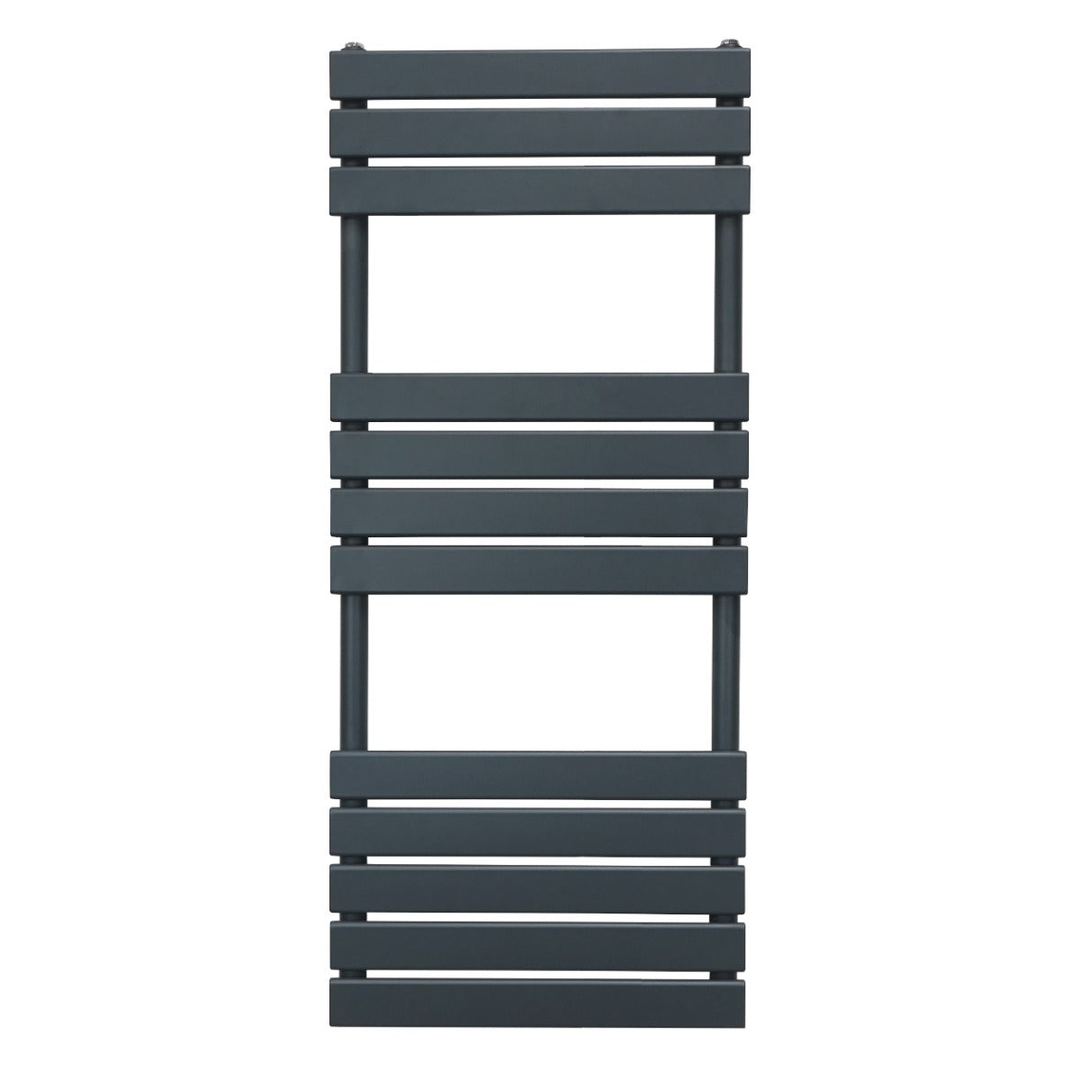 Anthracite grey flat panel towel radiator, 1200mm x 450mm, featuring sleek horizontal slats and a modern minimalist design