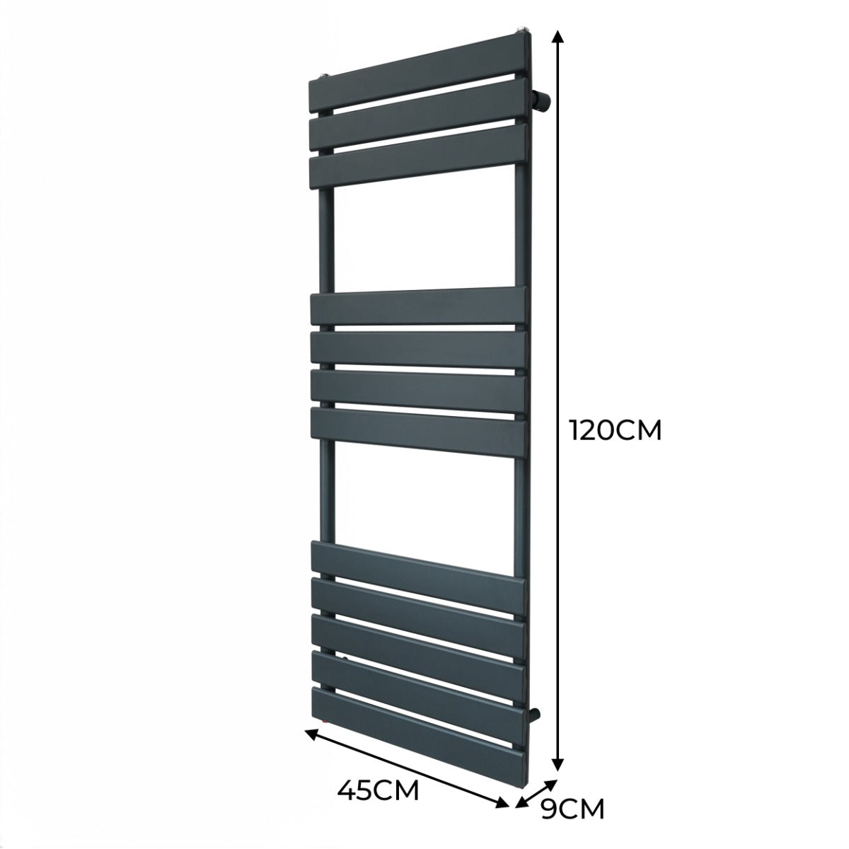 Flat panel towel radiator in anthracite grey, measuring 1200mm x 450mm, features sleek horizontal bars and a modern design