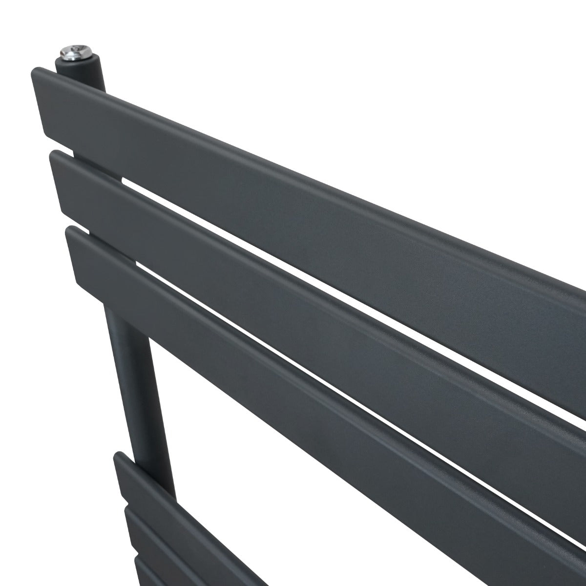 Anthracite grey flat panel towel radiator with sleek horizontal bars, designed for modern bathrooms, measuring 1200mm x 450mm