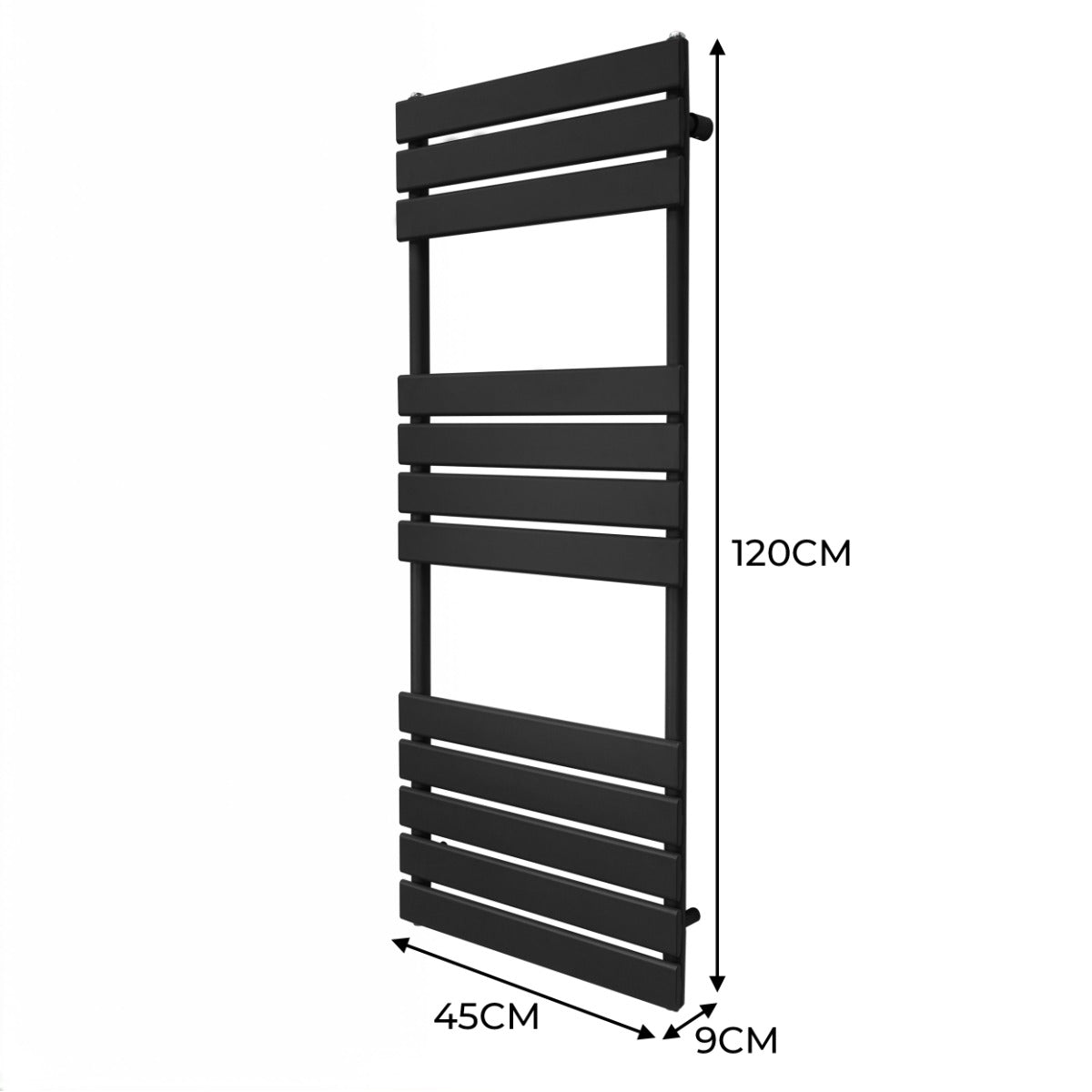 Sleek black flat panel towel radiator measuring 1200mm x 450mm, featuring horizontal slats for efficient heat distribution