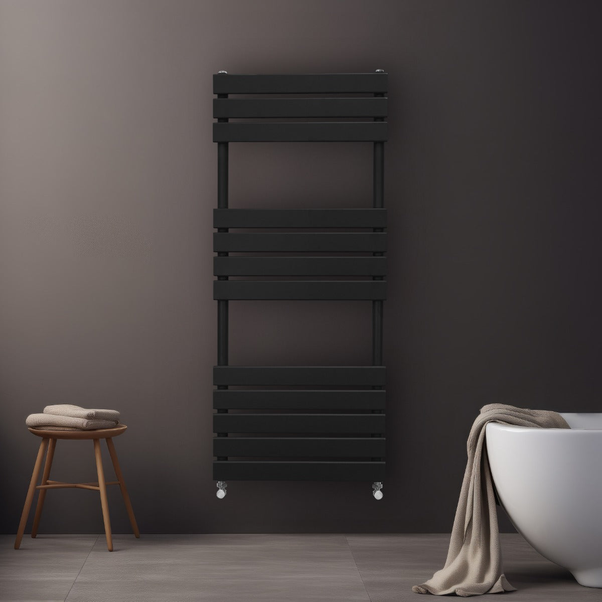 Sleek black flat panel towel radiator mounted on a dark wall, featuring horizontal slats and a modern design, ideal for bathrooms