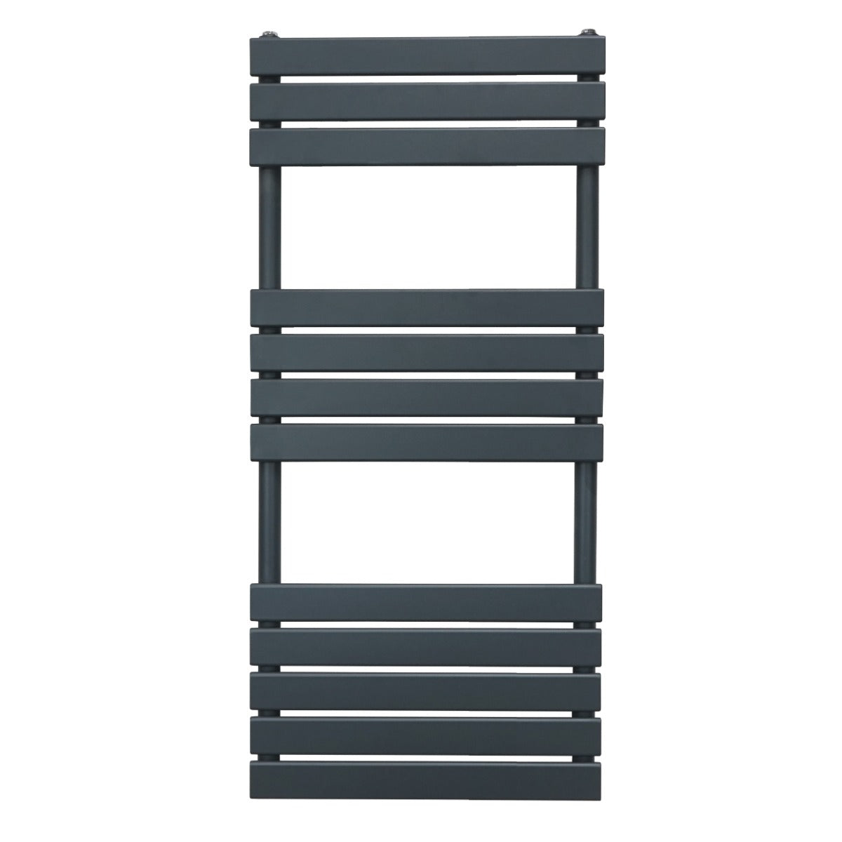Sleek anthracite grey flat panel towel radiator, 1200mm x 500mm, featuring horizontal slats for modern heating and towel drying