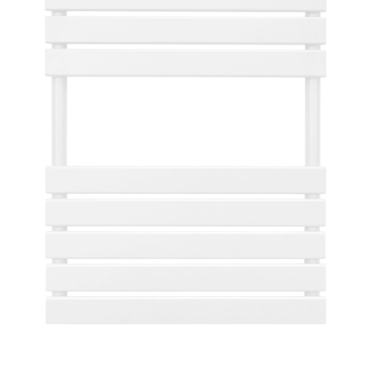 Sleek white flat panel towel radiator, measuring 1200mm x 500mm, featuring smooth lines and a modern design for efficient heating