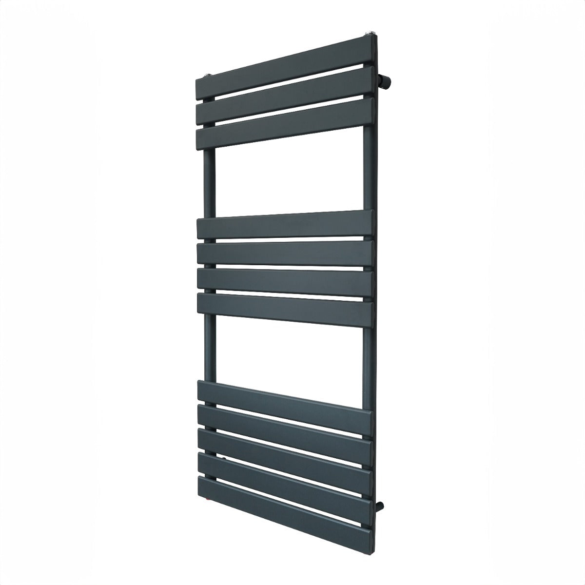 Flat panel towel radiator in anthracite grey, featuring sleek horizontal slats and a modern design, perfect for contemporary bathrooms