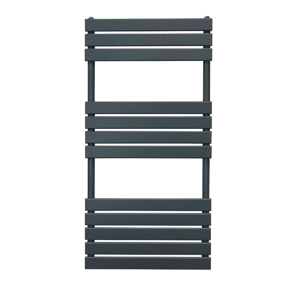 Flat panel towel radiator in anthracite grey, featuring a sleek design with horizontal slats and a modern finish, measuring 1200mm x 600mm