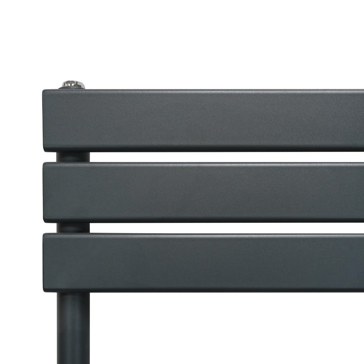 Sleek anthracite grey flat panel towel radiator with a modern design, featuring smooth lines and a minimalist aesthetic
