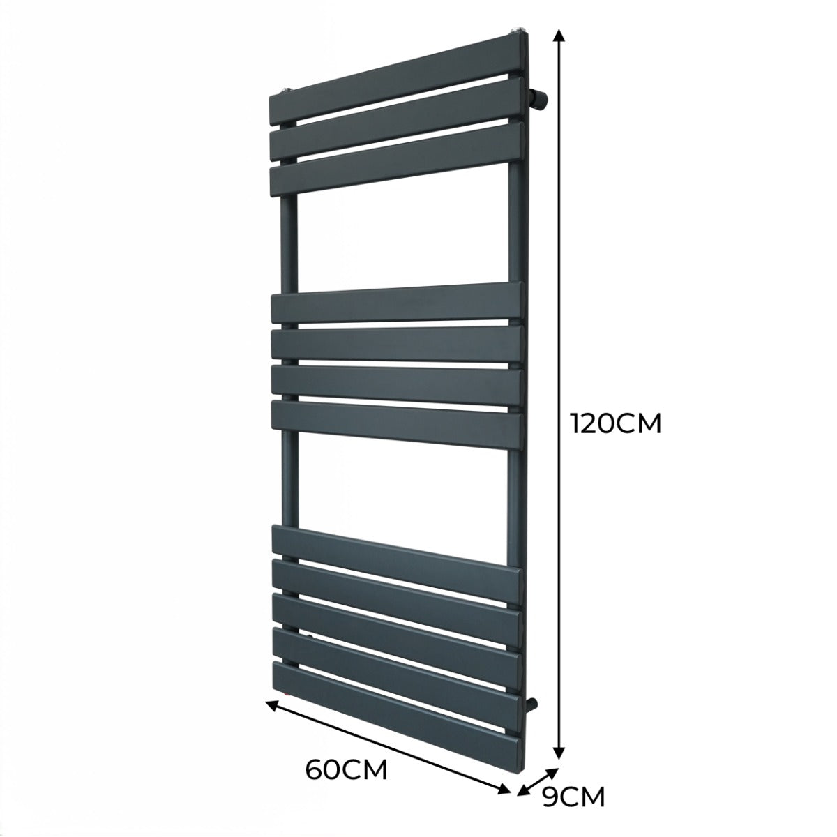 Anthracite grey flat panel towel radiator, 1200mm x 600mm, featuring sleek horizontal slats and a modern design for stylish heating