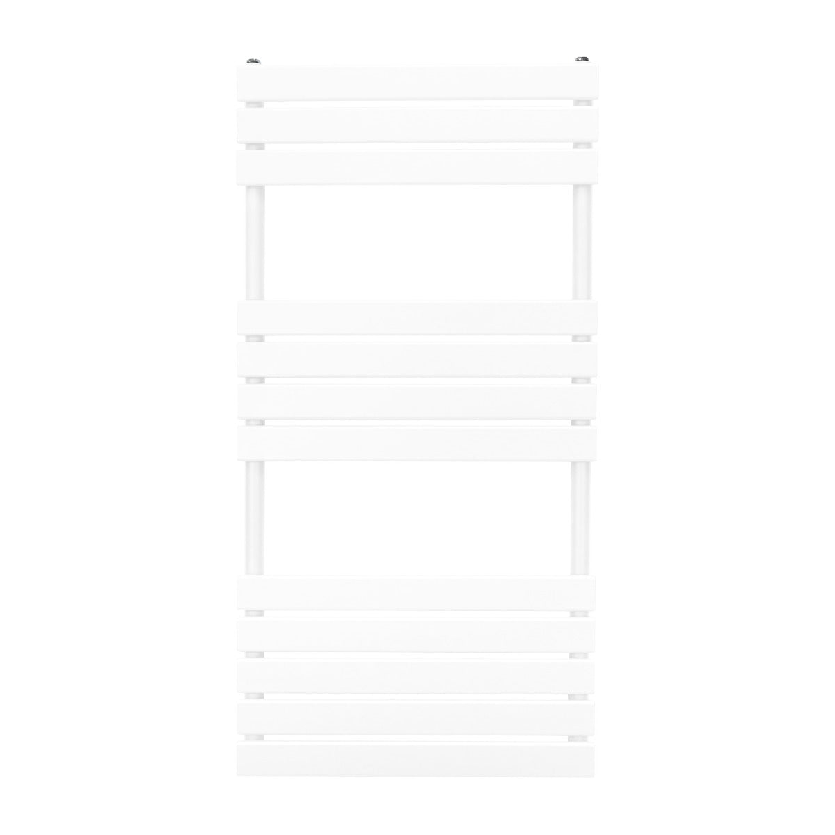 Sleek white flat panel towel radiator, measuring 1200mm x 600mm, featuring horizontal slats and a modern minimalist design