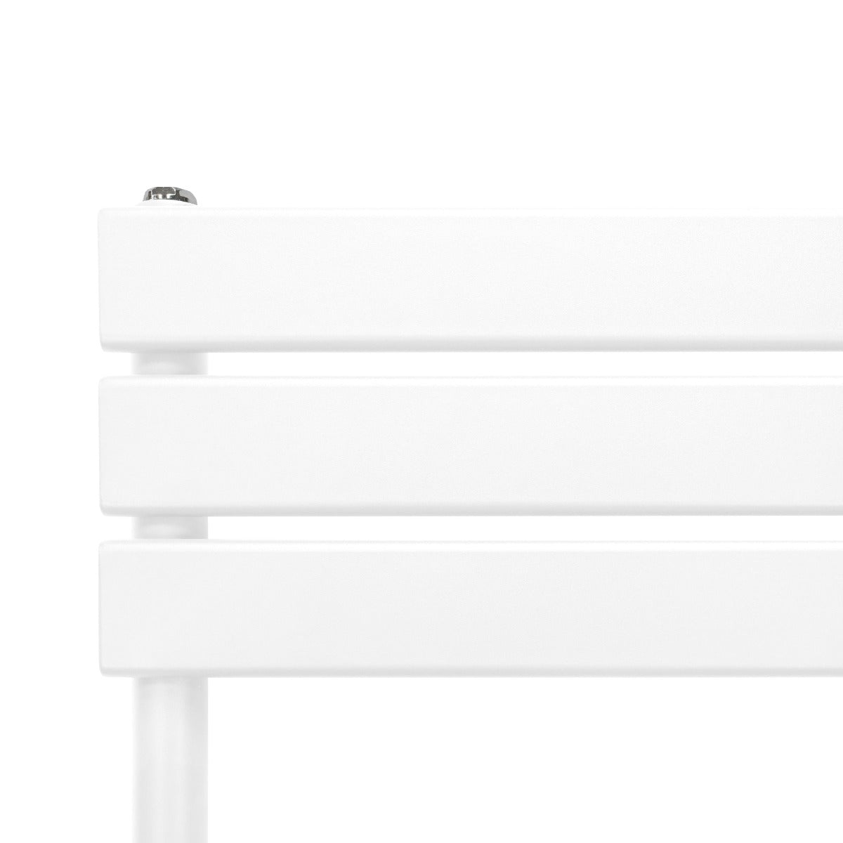 Sleek white flat panel towel radiator with a modern design, featuring smooth lines and a minimalist aesthetic for stylish heating