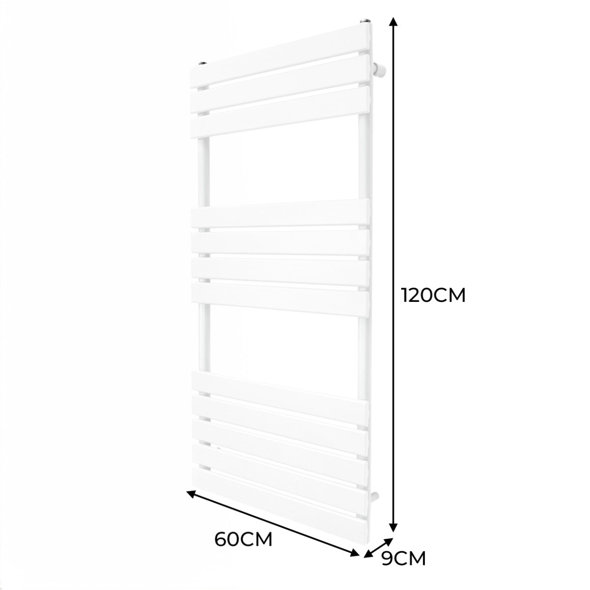Sleek white flat panel towel radiator measuring 1200mm x 600mm, featuring smooth lines and a modern design for efficient heating