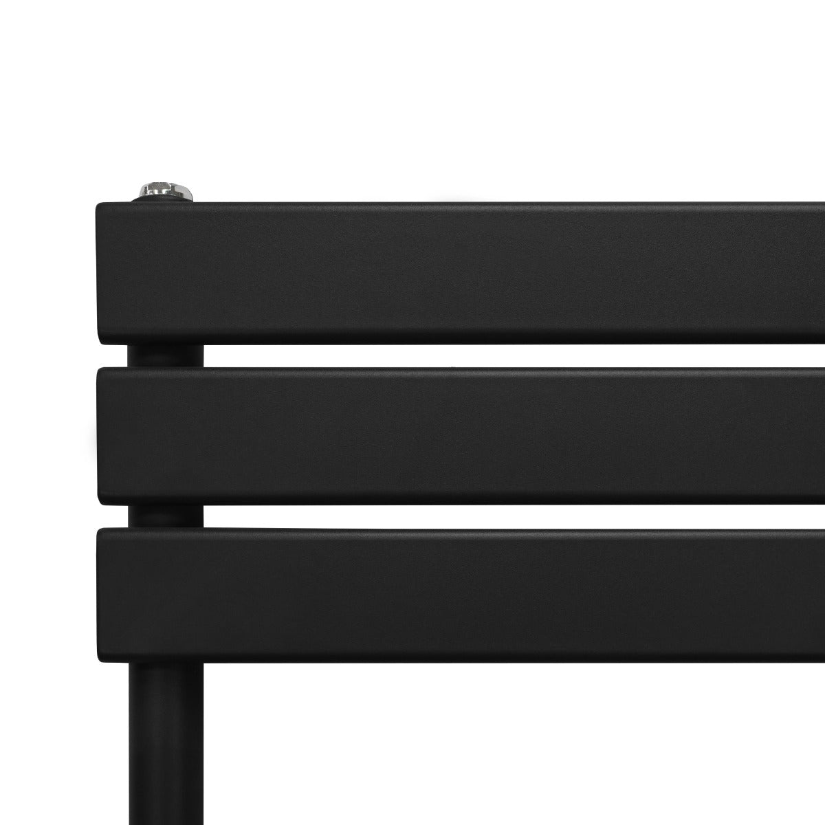 Sleek black flat panel towel radiator, featuring a modern design with horizontal bars and a smooth matte finish, ideal for stylish bathrooms