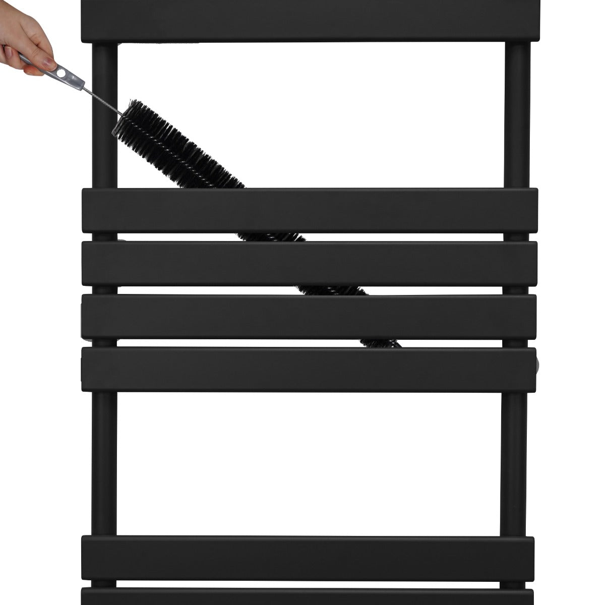 Sleek black flat panel towel radiator with horizontal bars, featuring a hand holding a cleaning brush for maintenance