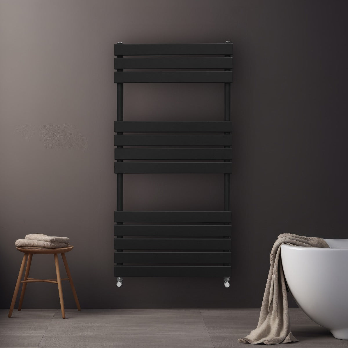 Sleek black flat panel towel radiator mounted on a wall, featuring horizontal slats and a modern design, ideal for stylish bathrooms