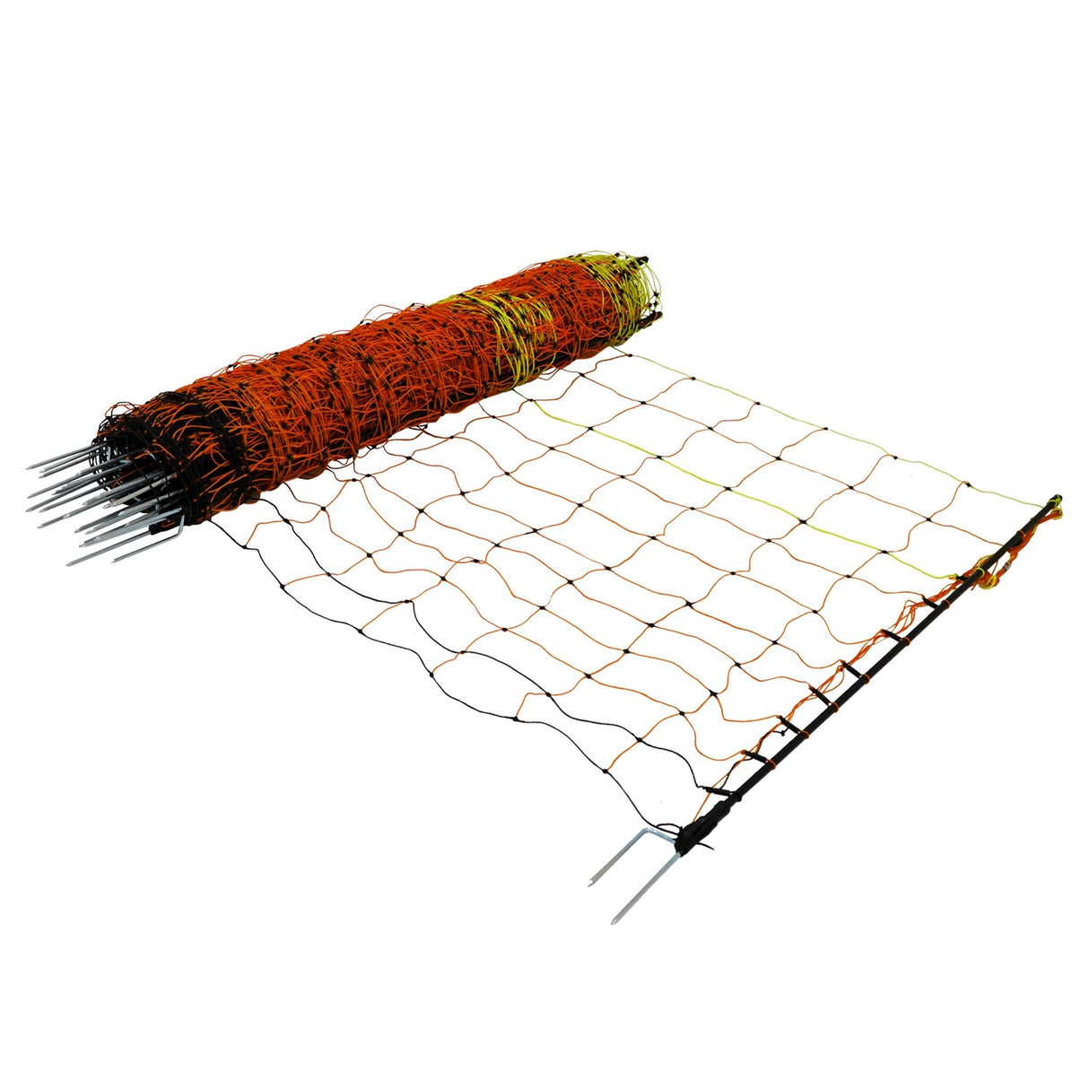 Bright orange and black electric poultry netting roll, 50m long, with sturdy posts for easy installation and secure fencing