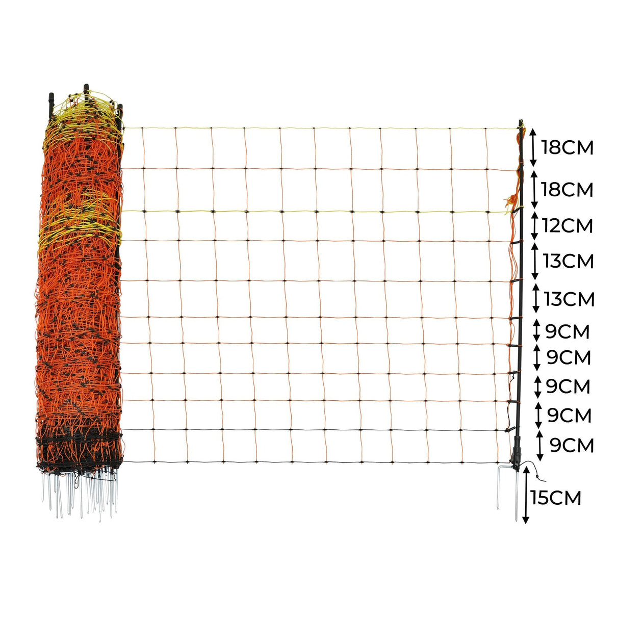 Bright orange and yellow electric poultry netting, 50m long, with vertical mesh spacing labeled in centimeters, designed for effective livestock containment