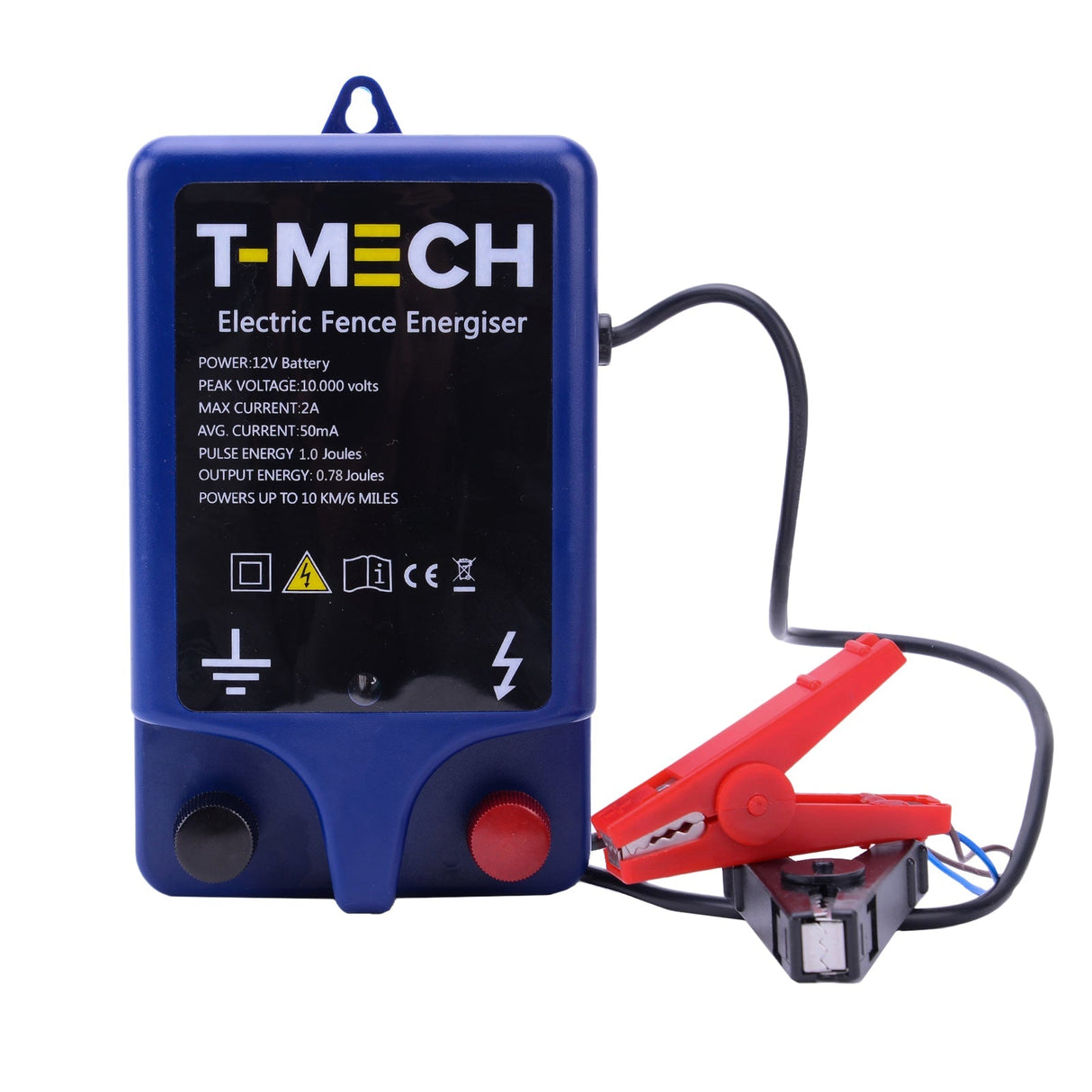 Blue electric fence energiser with red and black clips, featuring a clear display of power specifications and safety symbols