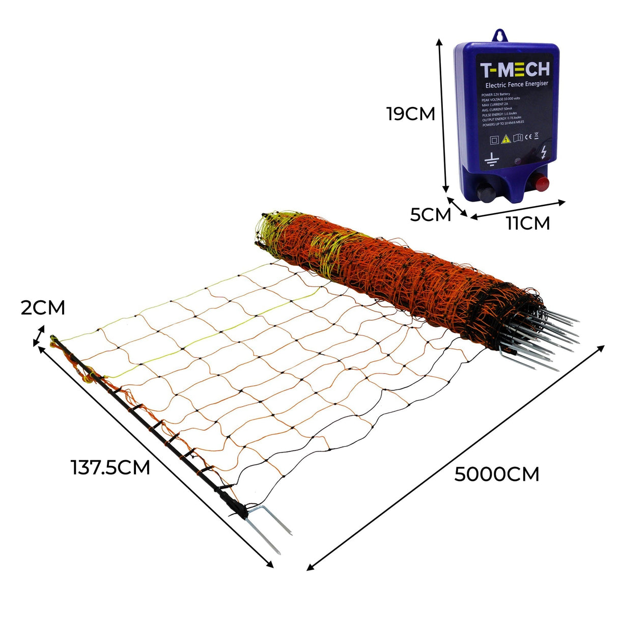 Electric fence energiser in blue with poultry netting, featuring orange and yellow strands, measuring 50m in length and 137.5cm high