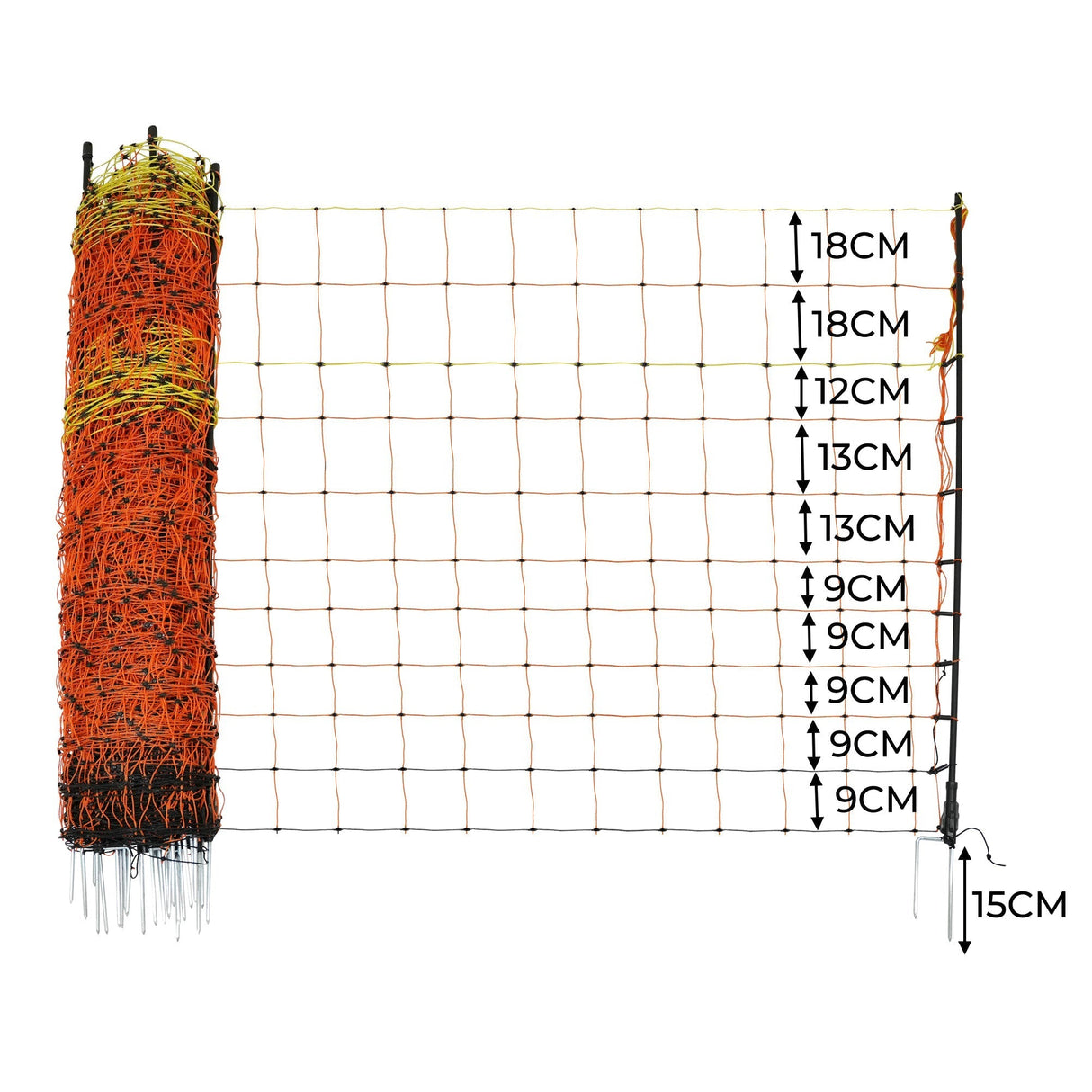 Bright orange and black electric fence energiser with 50m poultry netting, featuring vertical measurements marked for easy setup