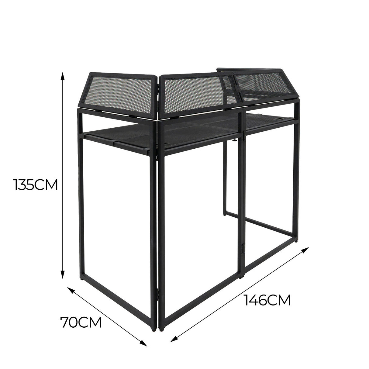 Sleek black DJ disco booth with mesh panels, measuring 135cm high, 146cm wide, and 70cm deep, ideal for events and performances