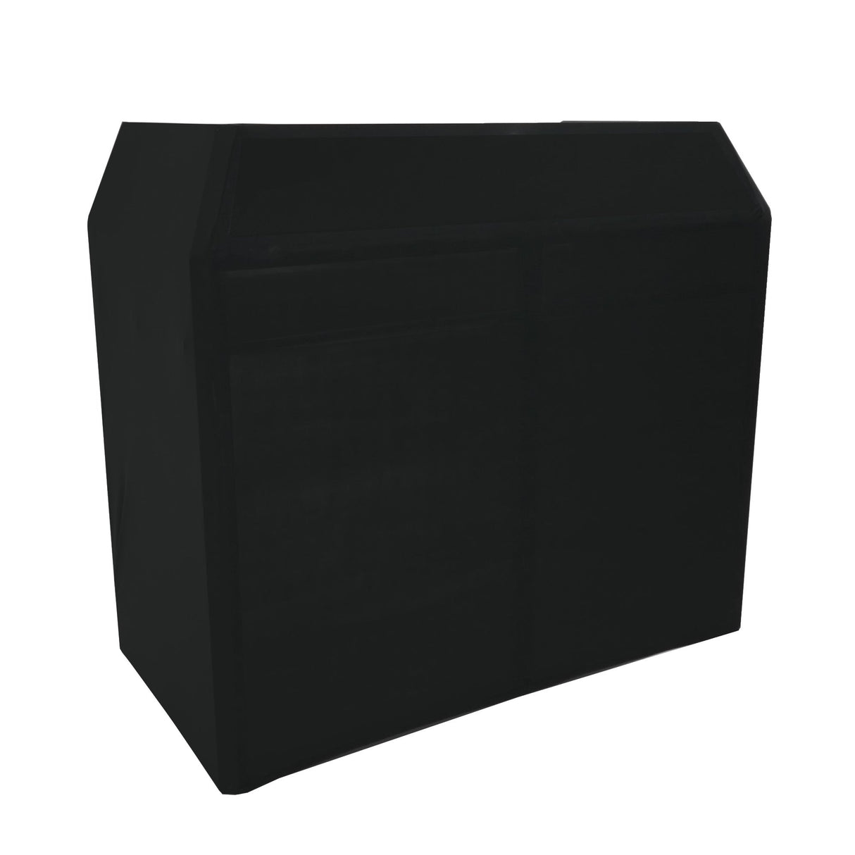 Sleek black DJ disco booth with a modern design, featuring smooth surfaces and a sturdy rectangular shape for professional setups
