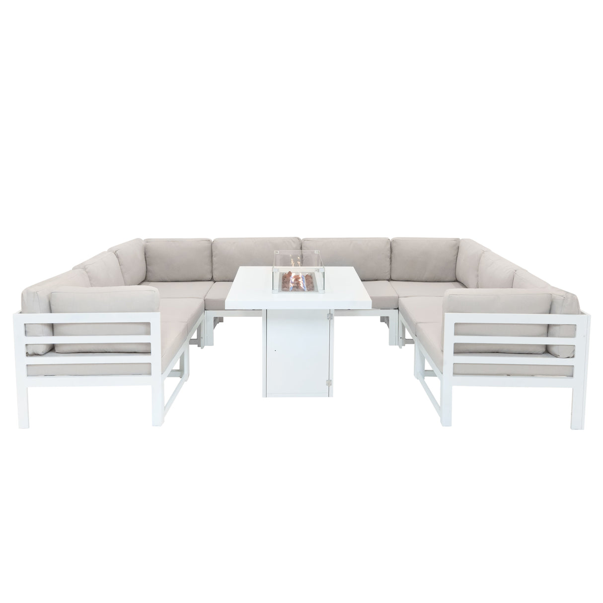Modular garden furniture set featuring a white frame, soft beige cushions, and a central fire pit for outdoor gatherings