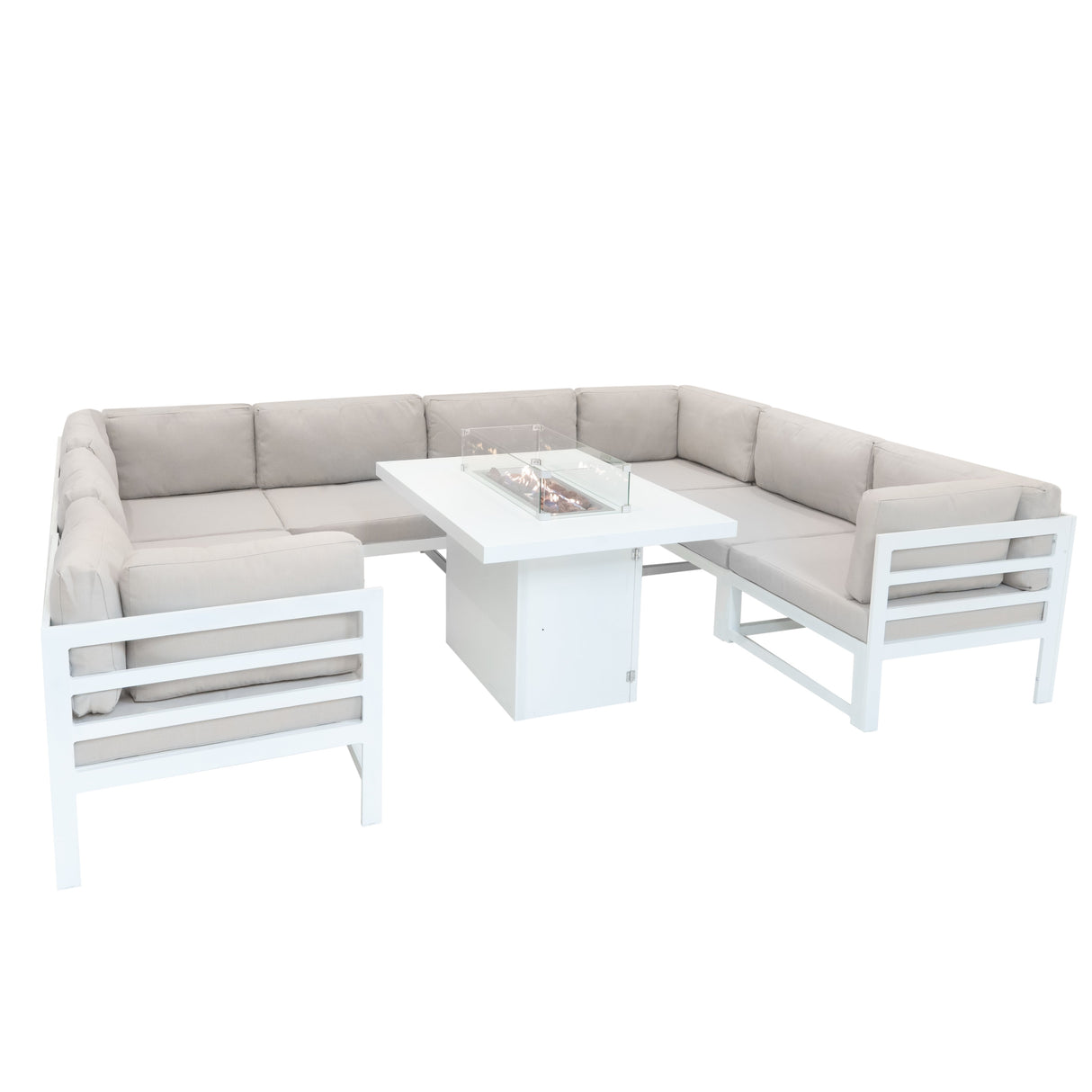 Modular garden furniture set in white with soft beige cushions and a central fire pit, perfect for outdoor relaxation and gatherings