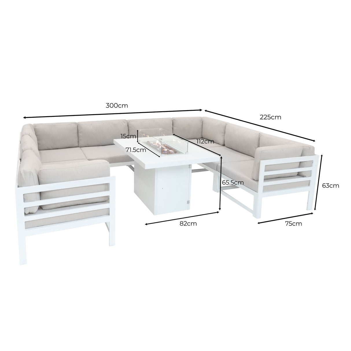 Modular garden furniture set featuring a white frame, soft beige cushions, and a central fire pit table for outdoor relaxation