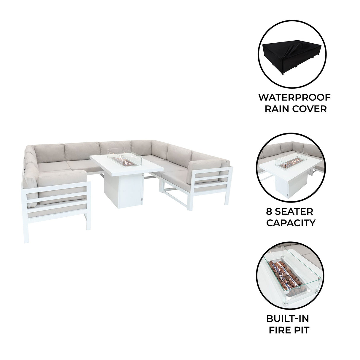 Modular white garden furniture set featuring a built-in fire pit, soft beige cushions, and spacious seating for eight people